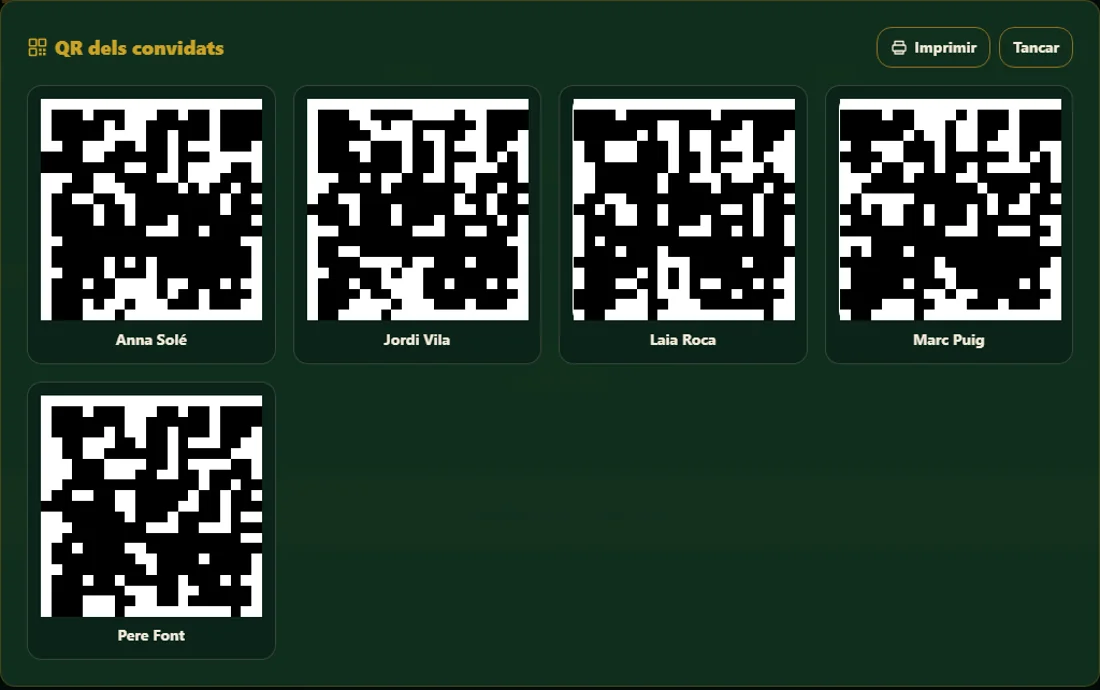 Quadrícula de targetes amb el nom de cada convidat i el seu QR personal, amb un botó per imprimir.